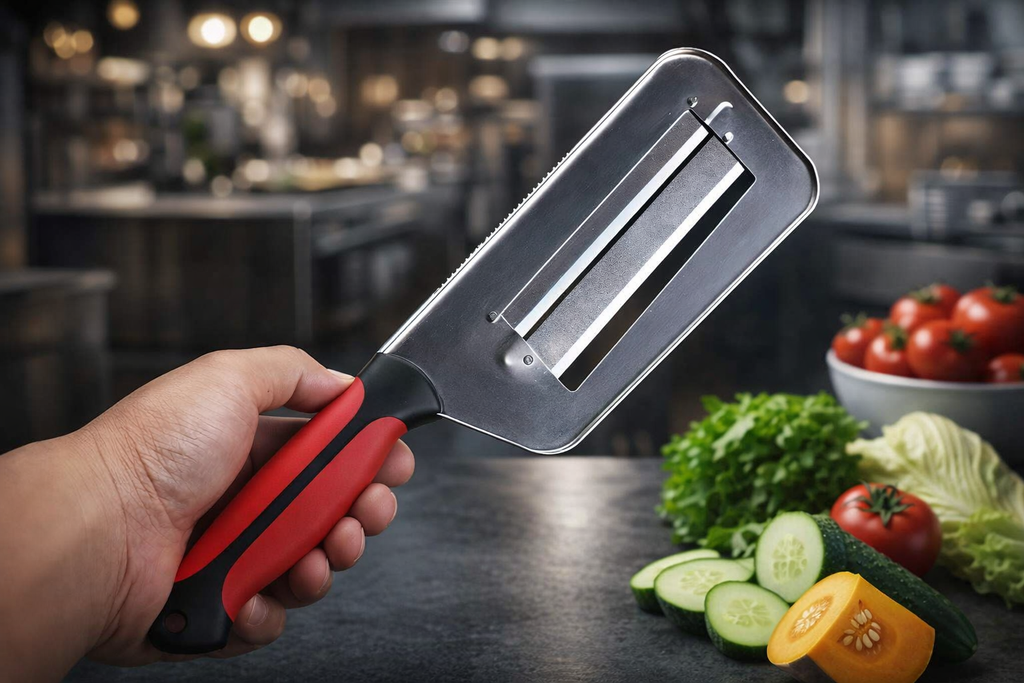 Hand holding a mandoline slicer with vegetables on a kitchen counter