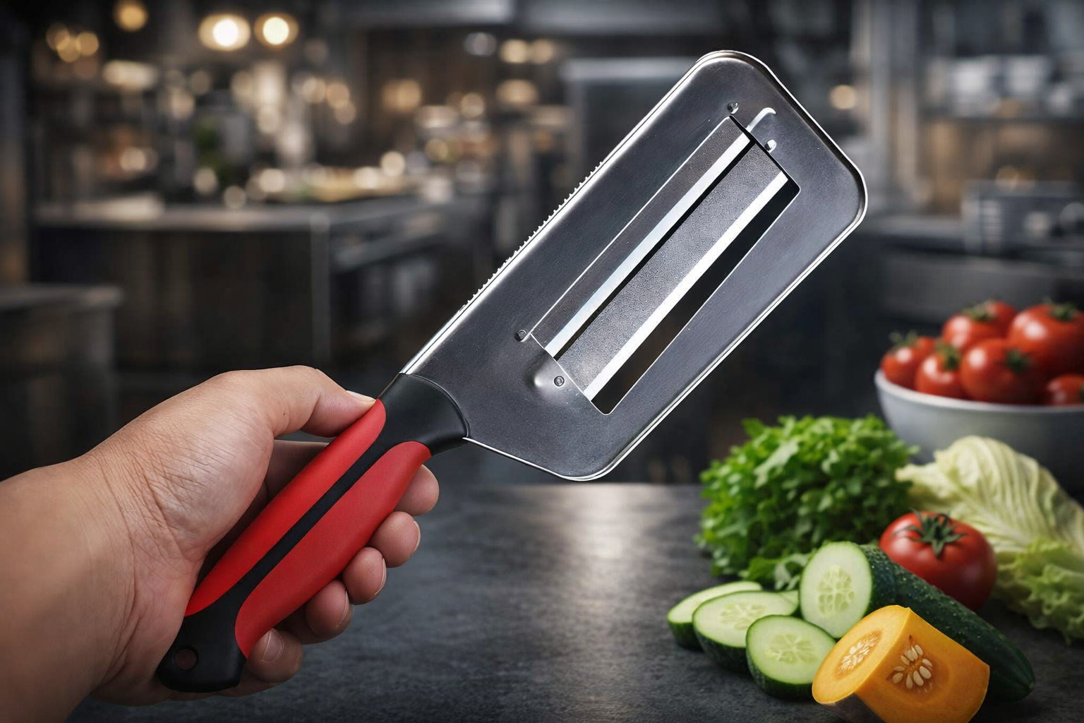 Hand holding a mandoline slicer with vegetables on a kitchen counter
