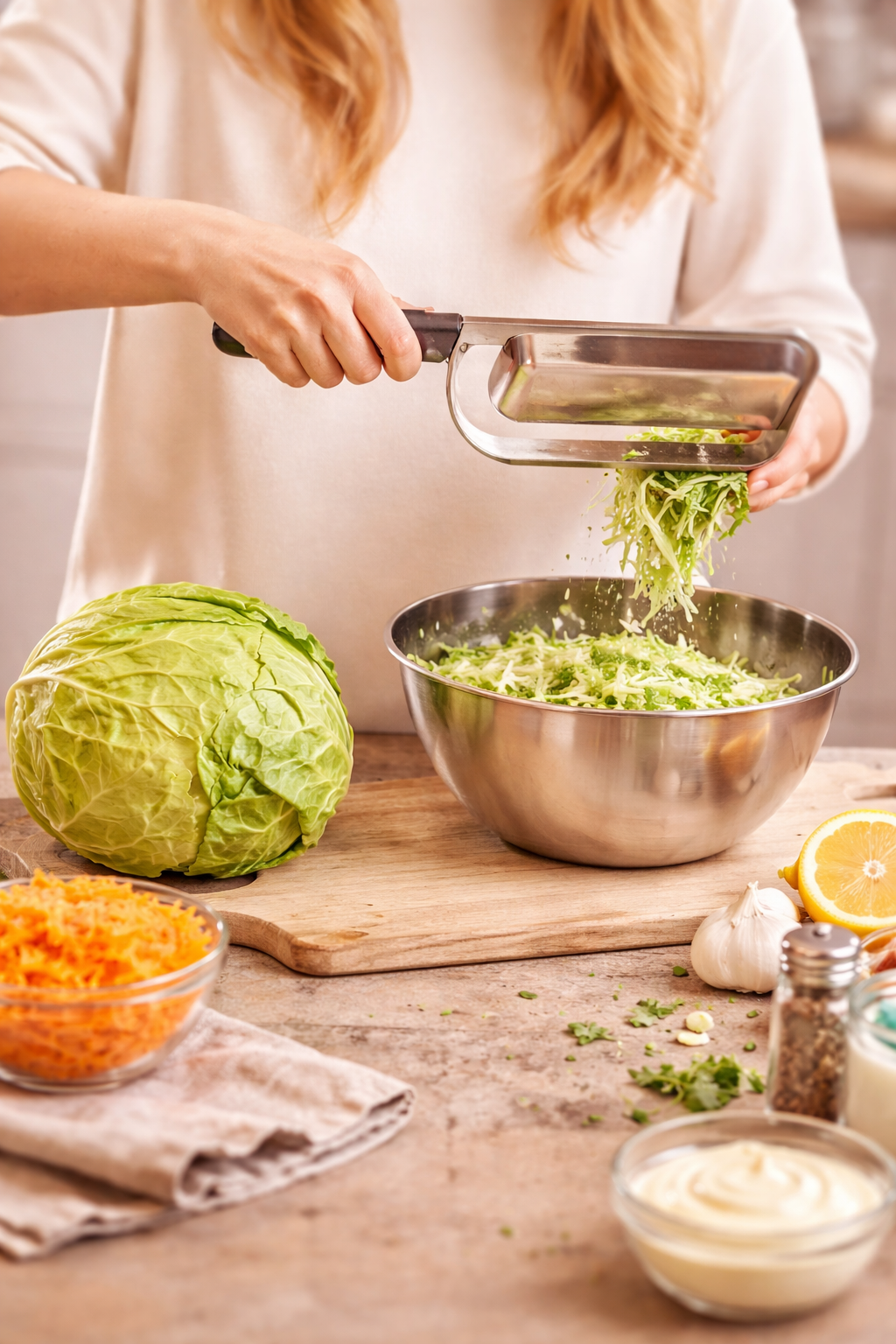 Person grating cabbage into a bowl on a wooden table with various ingredients.